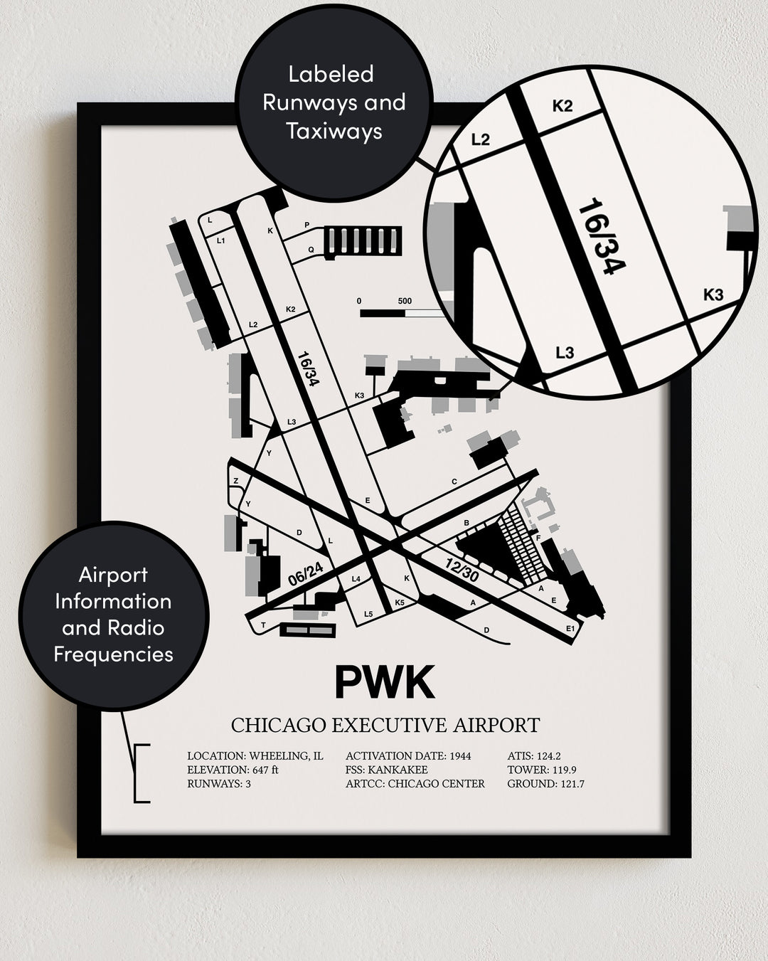 PWK Airport Map, Chicago Executive Airport Print