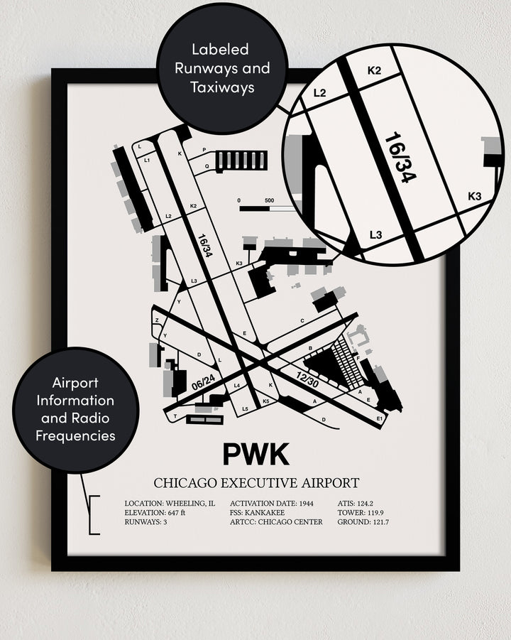 PWK Airport Map, Chicago Executive Airport Print
