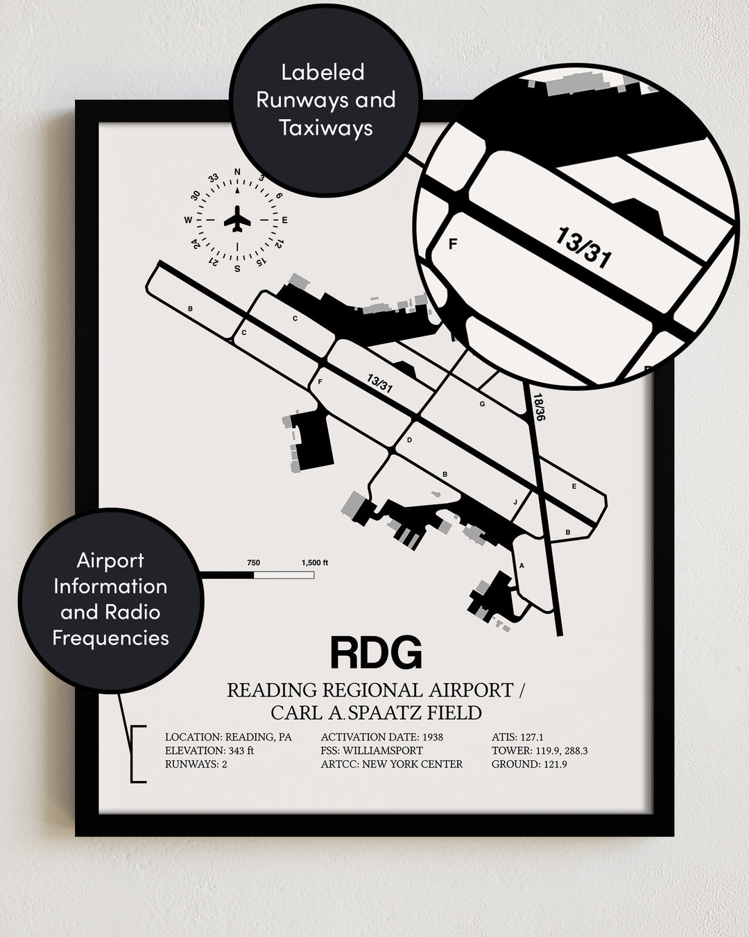 RDG Airport Map, Reading Regional Airport/Carl A. Spaatz Field Print
