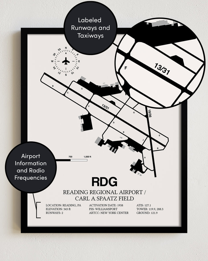 RDG Airport Map, Reading Regional Airport/Carl A. Spaatz Field Print