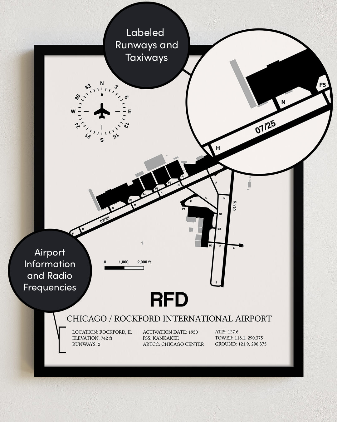 RFD Airport Map, Chicago/Rockford International Airport Print