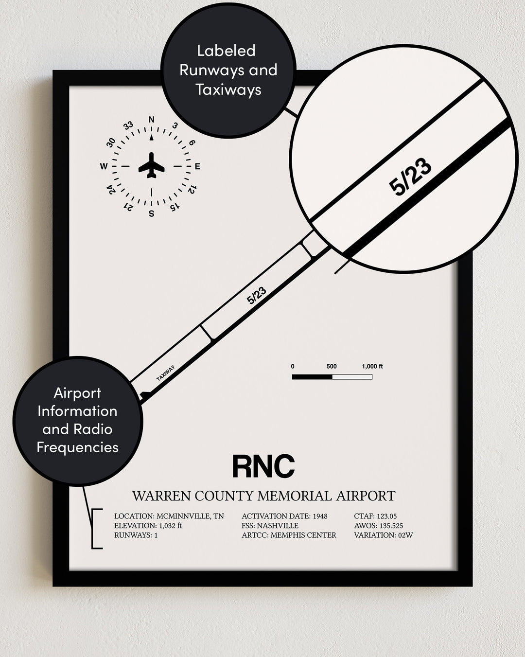 RNC Airport Map, Warren County Memorial Airport Print