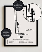 Framed Detailed Airport Map of Cleveland Municipal Airport (RNV) in White with a Black Frame