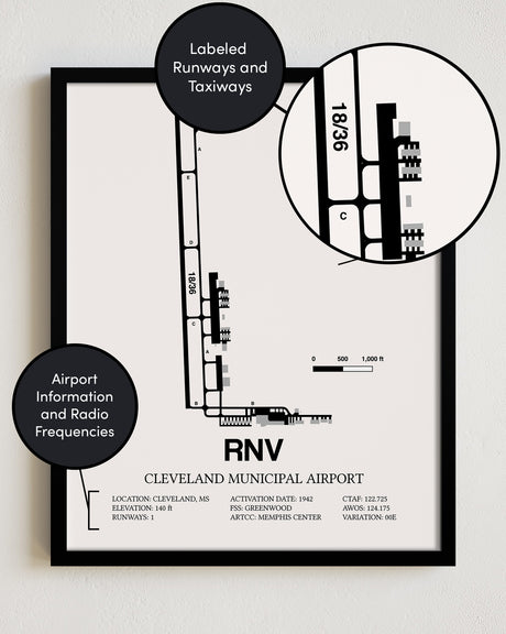Framed Detailed Airport Map of Cleveland Municipal Airport (RNV) in White with a Black Frame