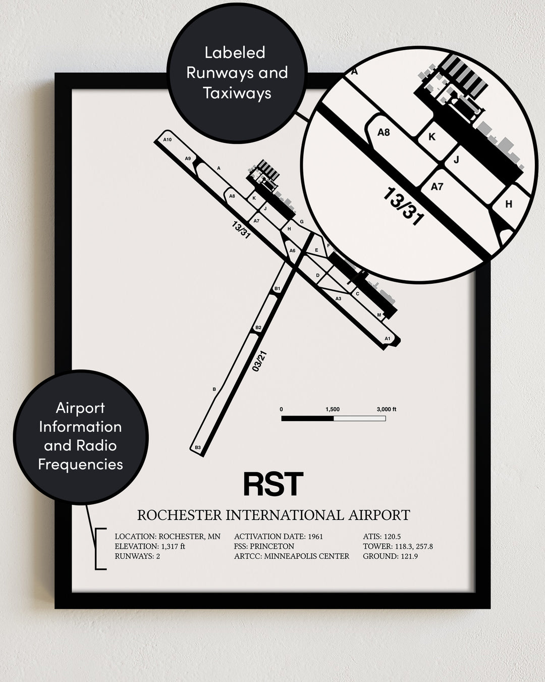 RST Airport Map, Rochester International Airport Print