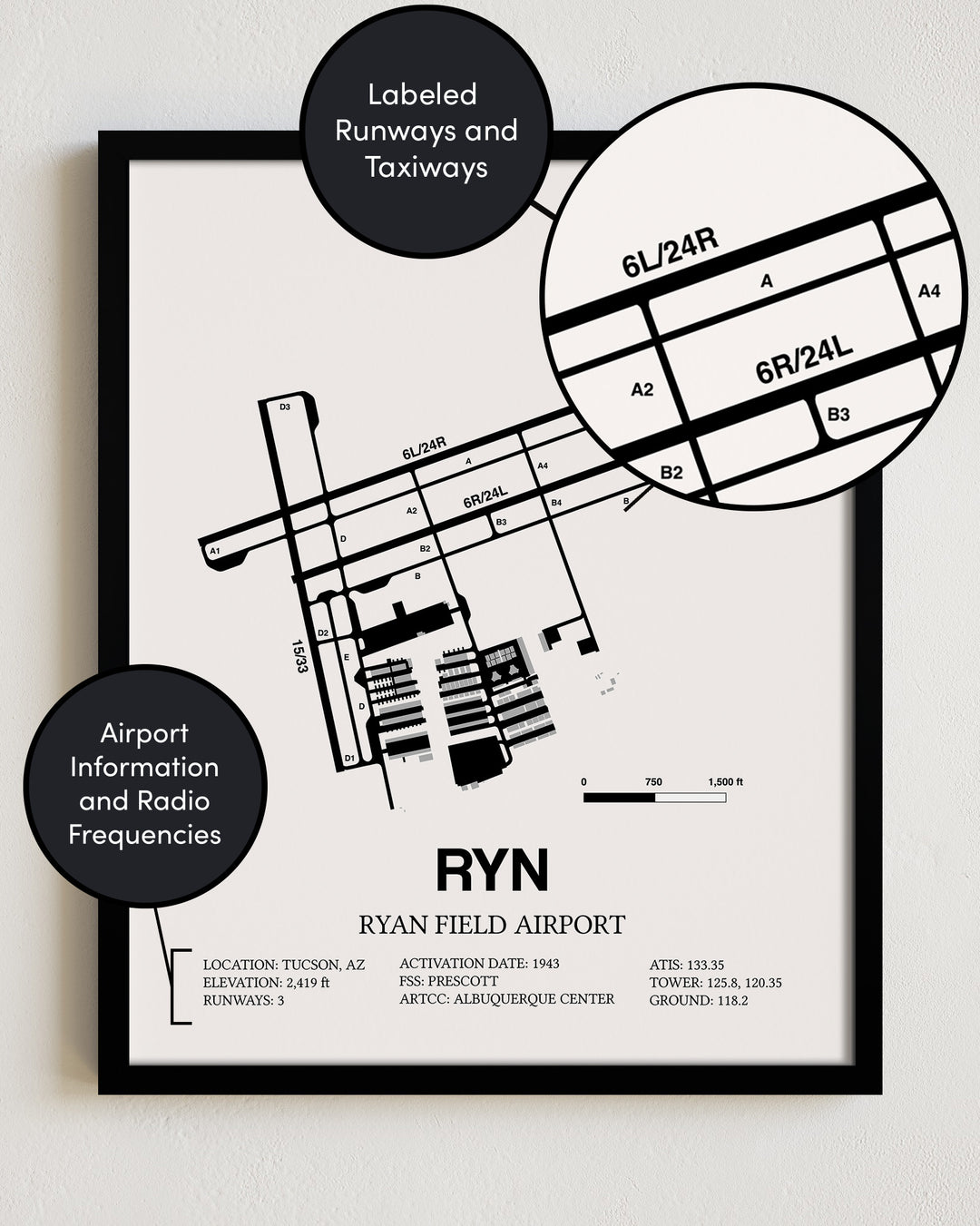 RYN Airport Map, Ryan Field Airport Print