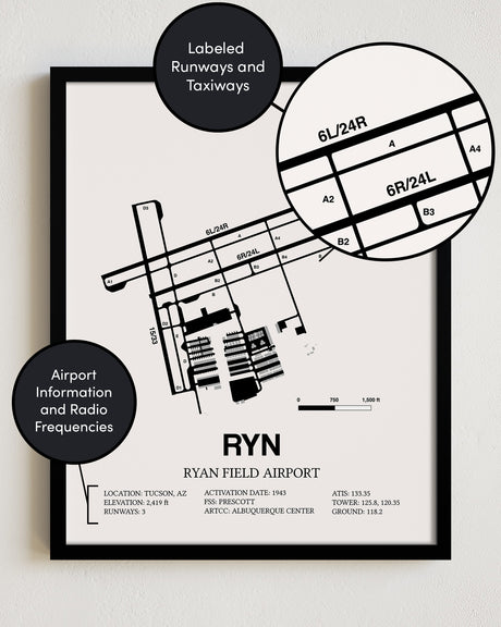 RYN Airport Map, Ryan Field Airport Print