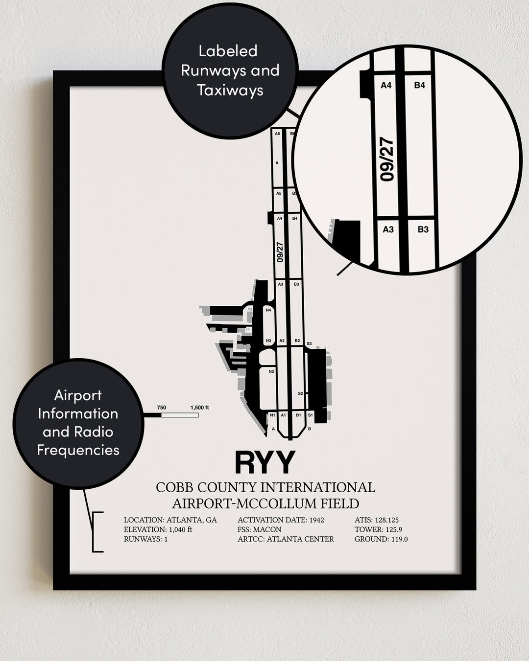 RYY Airport Map, Cobb County International Airport-McCollum Field Print