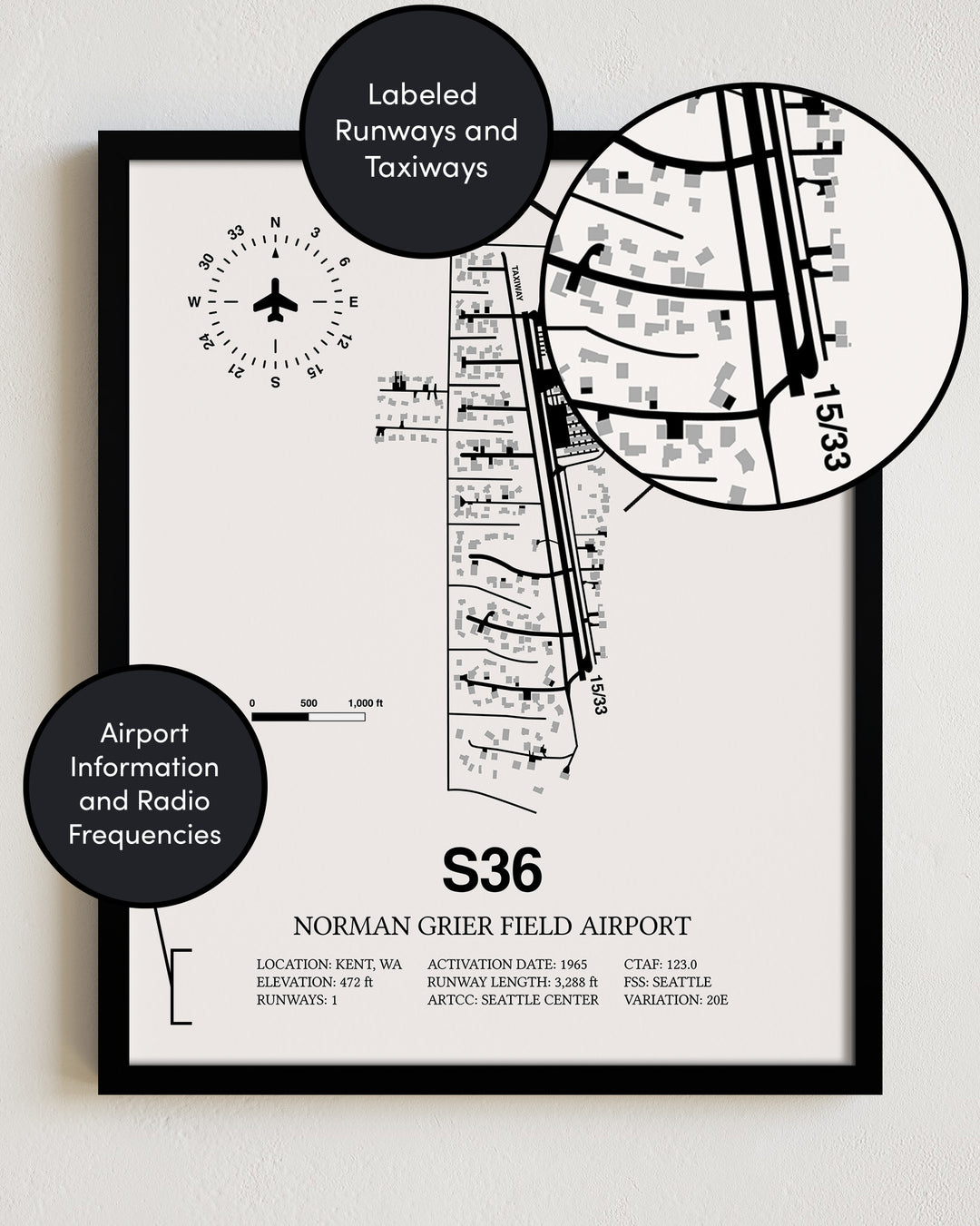 S36 Airport Map, Norman Grier Field Airport Print