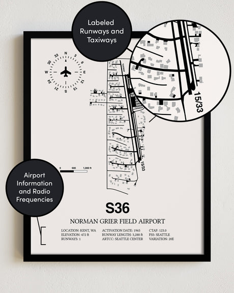 S36 Airport Map, Norman Grier Field Airport Print