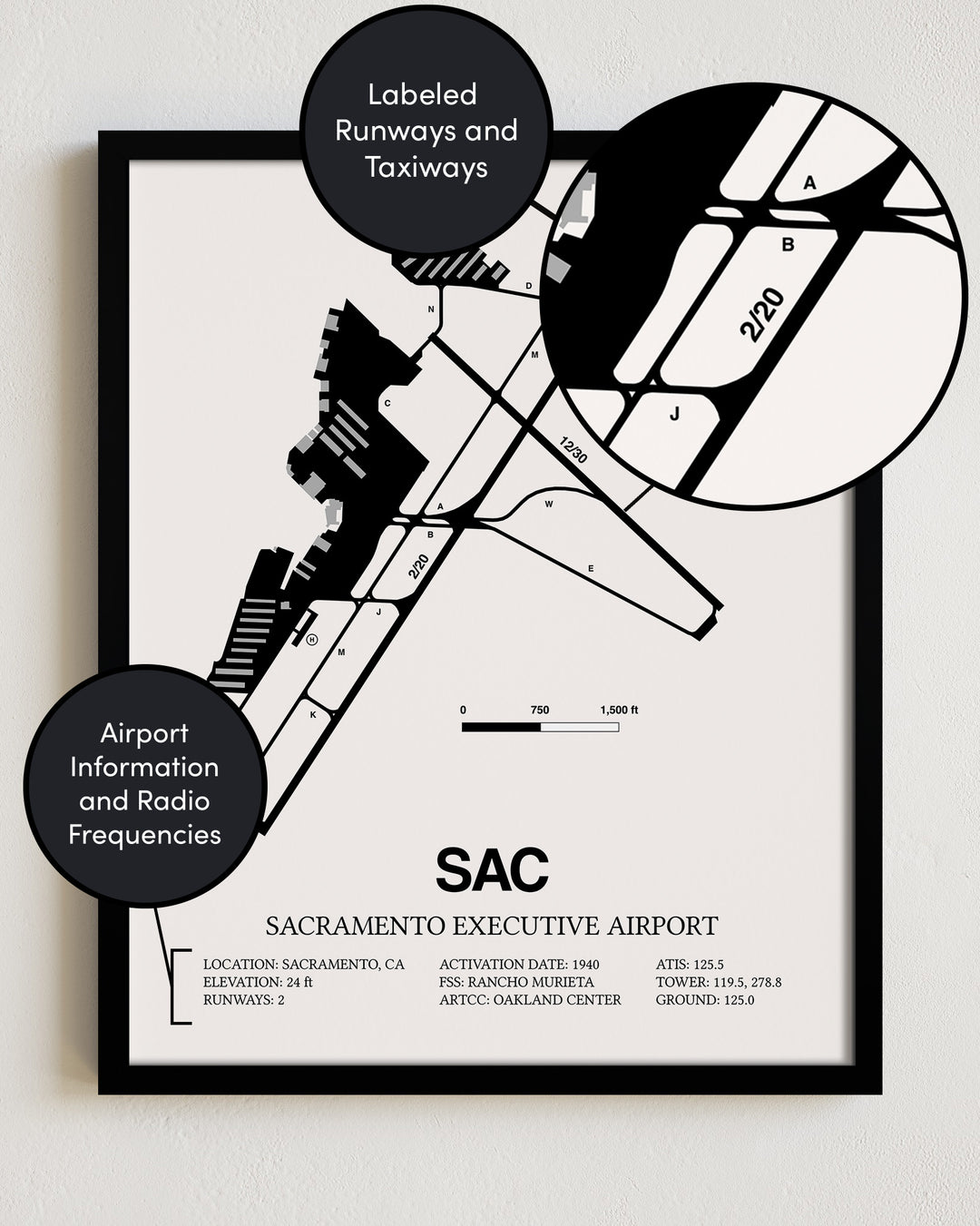 SAC Airport Map, Sacramento Executive Airport Print