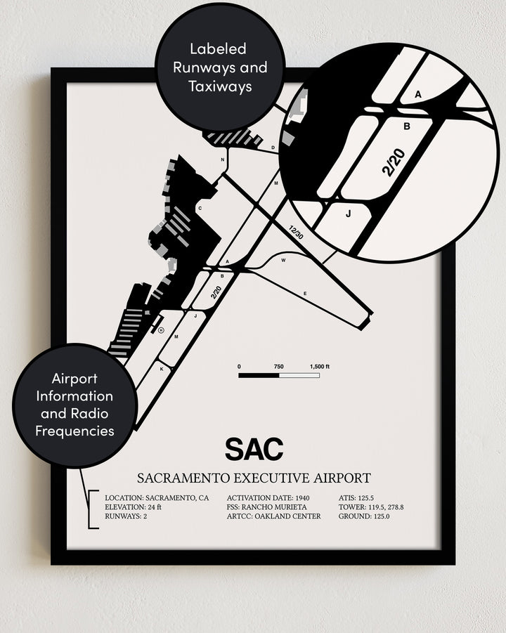 SAC Airport Map, Sacramento Executive Airport Print