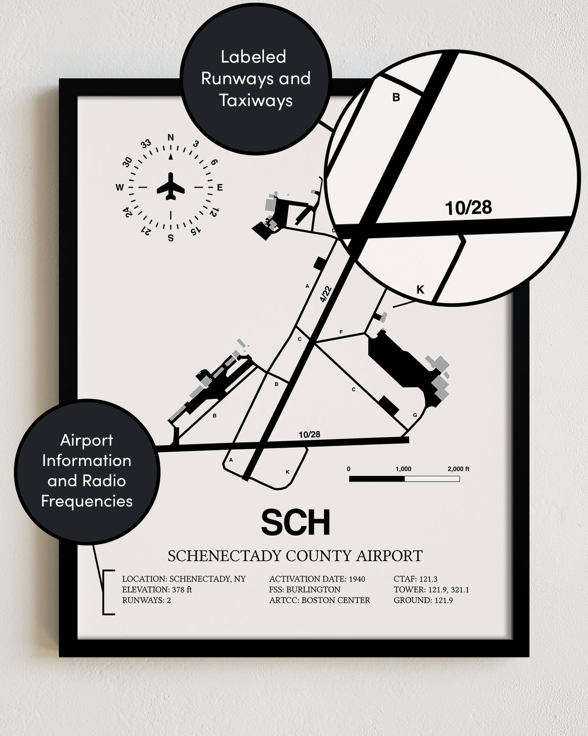 Framed Detailed Airport Map of Schenectady County Airport (SCH) in White with a Black Frame