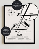 Framed Detailed Airport Map of Schenectady County Airport (SCH) in White with a Black Frame