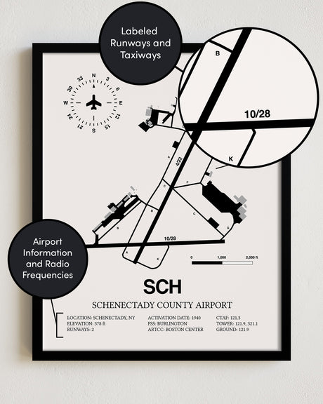 Framed Detailed Airport Map of Schenectady County Airport (SCH) in White with a Black Frame