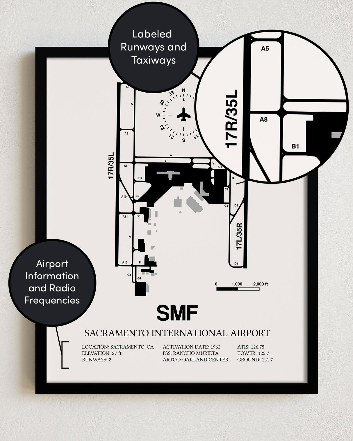 Framed Detailed Airport Map of Sacramento International Airport (SMF) in White with a Black Frame