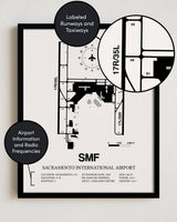 Framed Detailed Airport Map of Sacramento International Airport (SMF) in White with a Black Frame