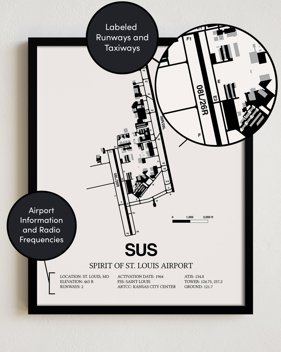 SUS Airport Map, Spirit of St. Louis Airport Print