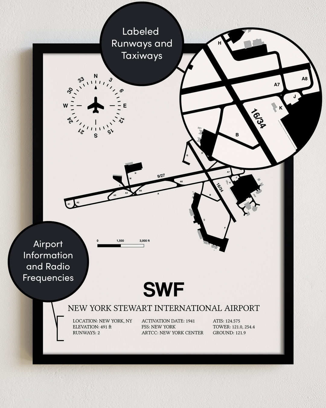 SWF Airport Map, New York Stewart International Airport Print