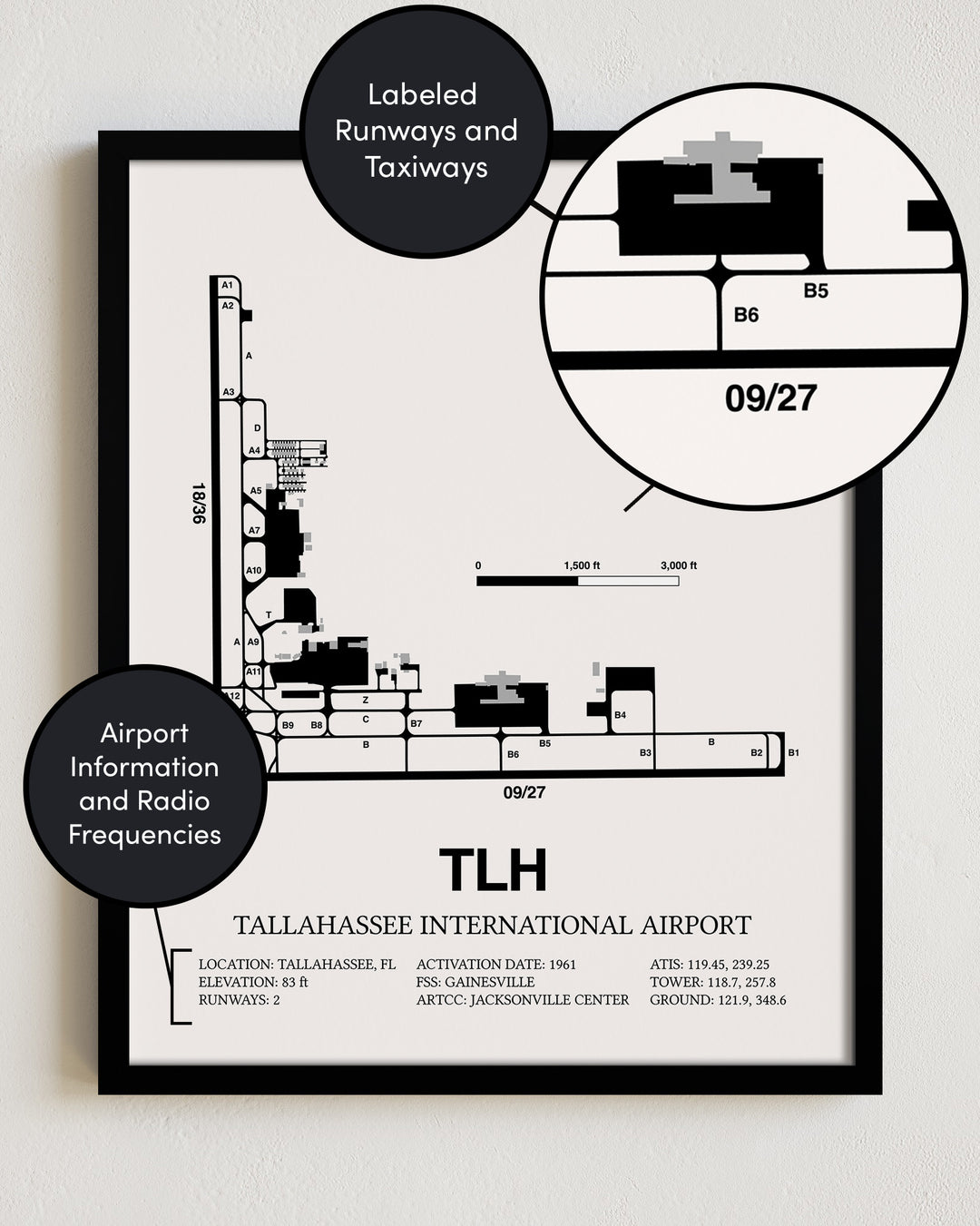 TLH Airport Map, Tallahassee International Airport Print