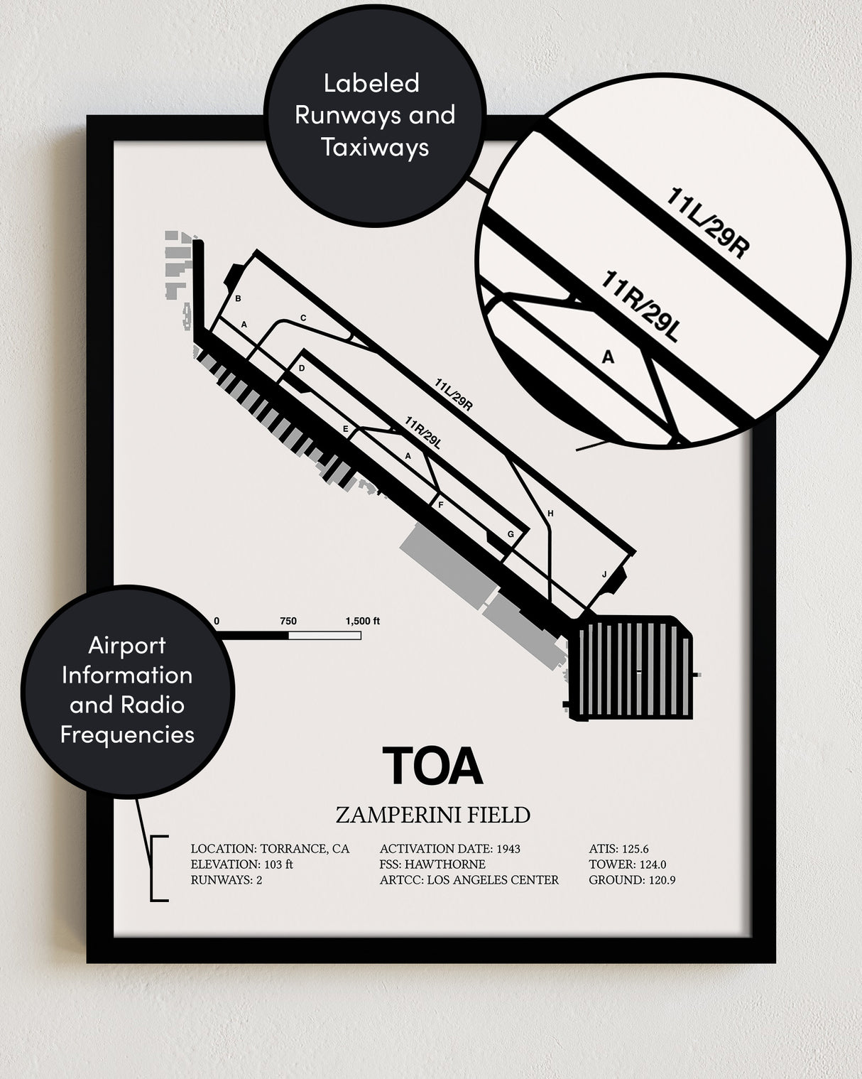 Framed Detailed Airport Map of Zamperini Field (TOA) in White with a Black Frame