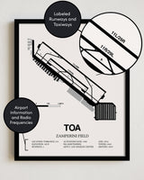 Framed Detailed Airport Map of Zamperini Field (TOA) in White with a Black Frame