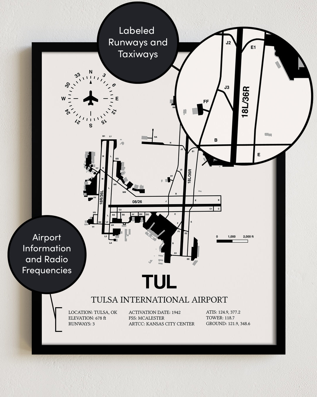 TUL Airport Map, Tulsa International Airport Print