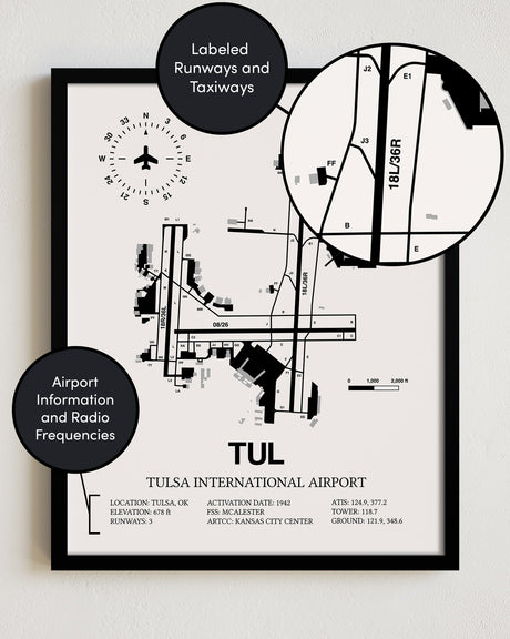 TUL Airport Map, Tulsa International Airport Print