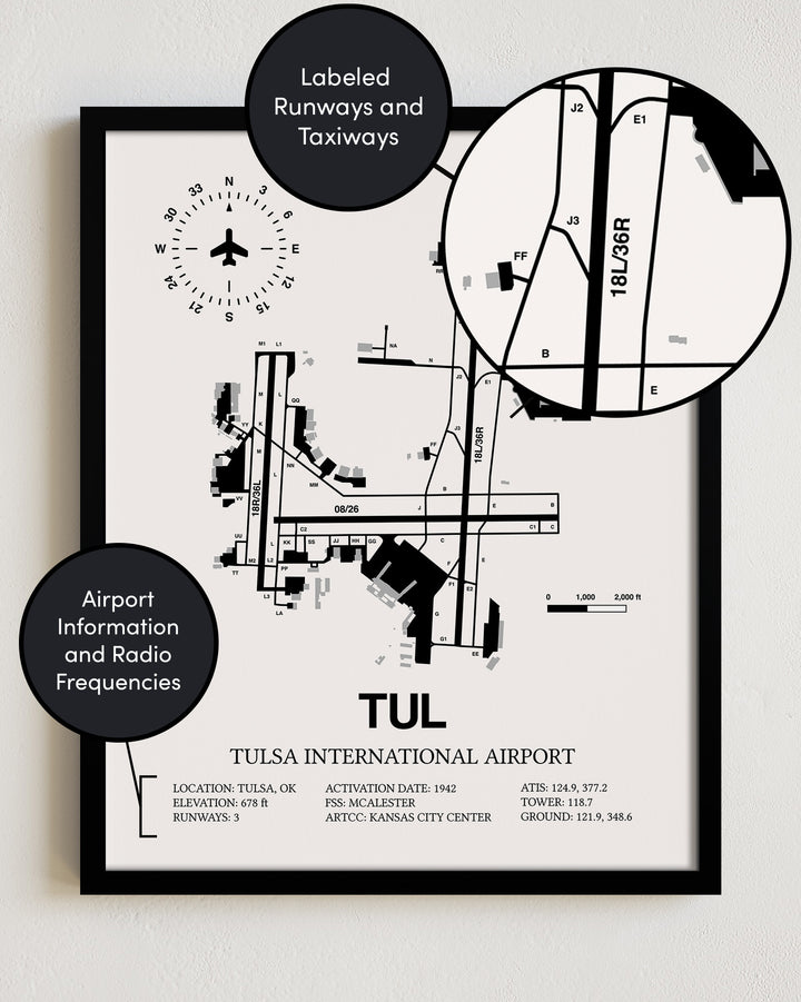 TUL Airport Map, Tulsa International Airport Print