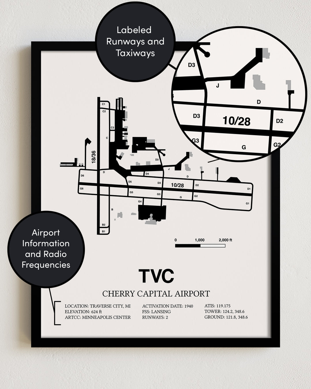 TVC Airport Map, Cherry Capital Airport Print