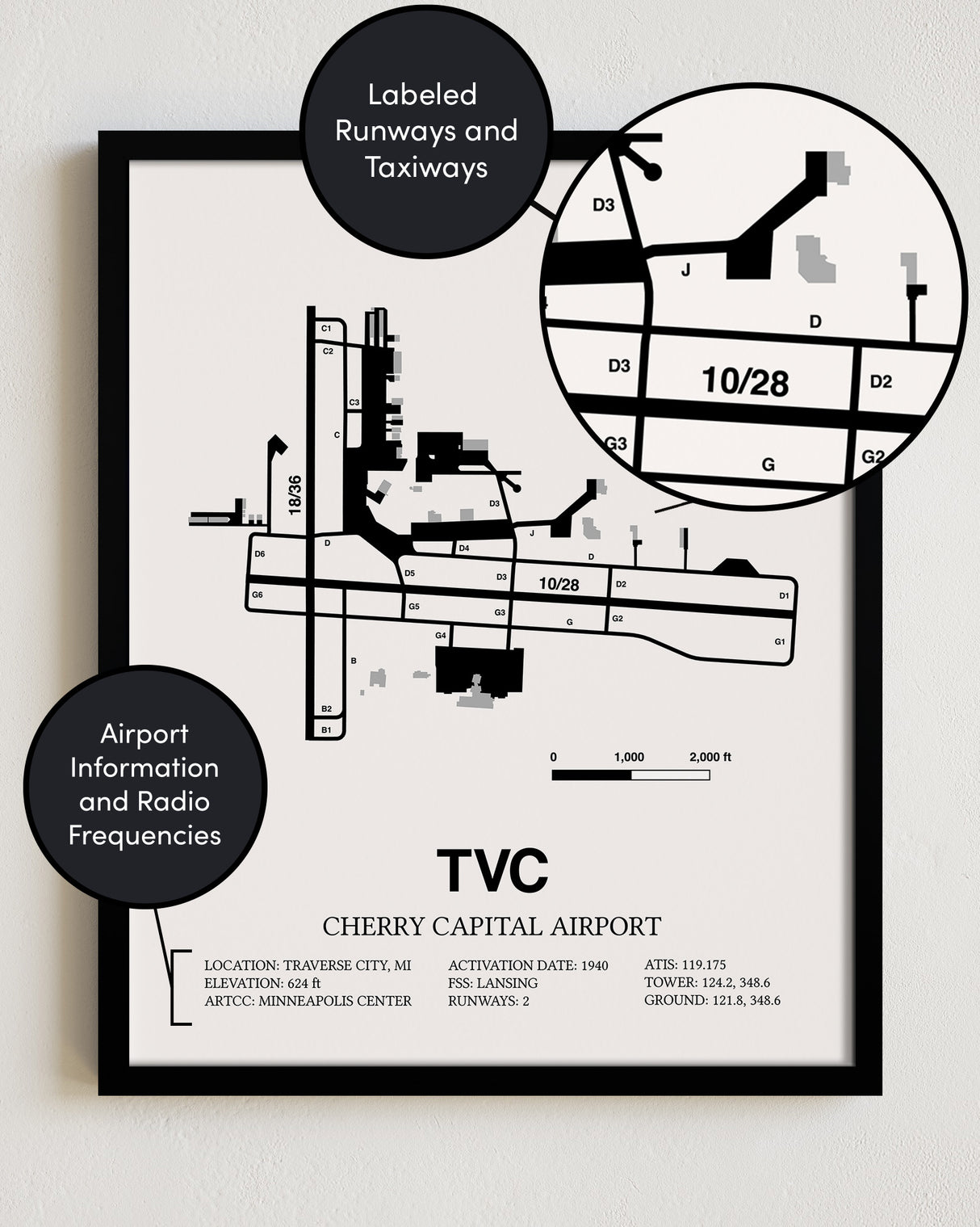 Framed Detailed Airport Map of Cherry Capital Airport (TVC) in White with a Black Frame