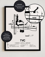 Framed Detailed Airport Map of Cherry Capital Airport (TVC) in White with a Black Frame