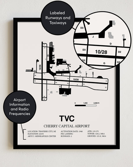 Framed Detailed Airport Map of Cherry Capital Airport (TVC) in White with a Black Frame