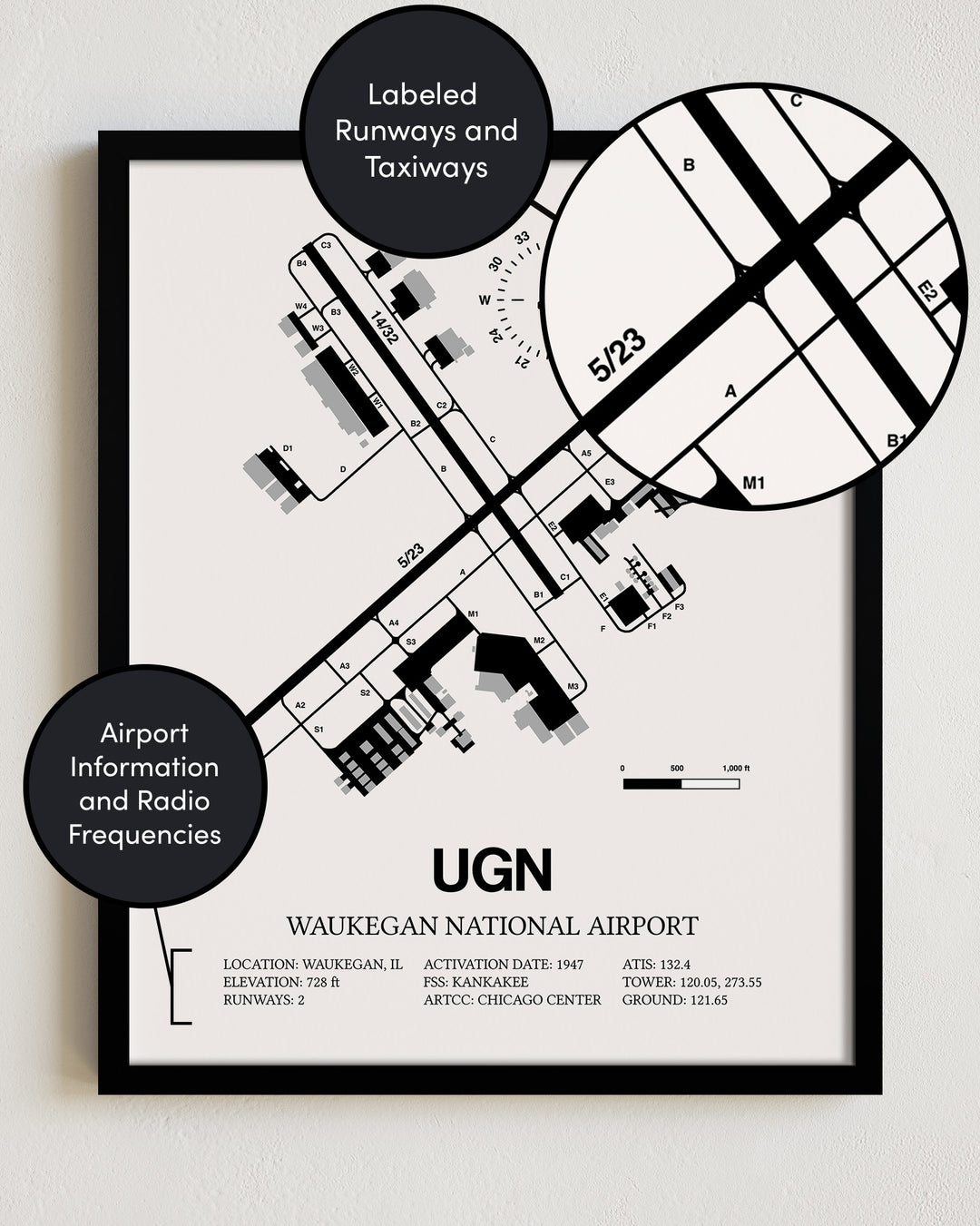 UGN Airport Map, Waukegan National Airport Print