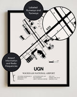 Framed Detailed Airport Map of Waukegan National Airport (UGN) in White with a Black Frame