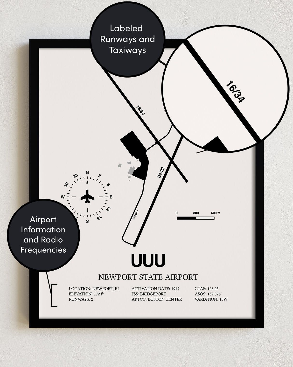 Framed Detailed Airport Map of Newport State Airport (UUU) in White with a Black Frame