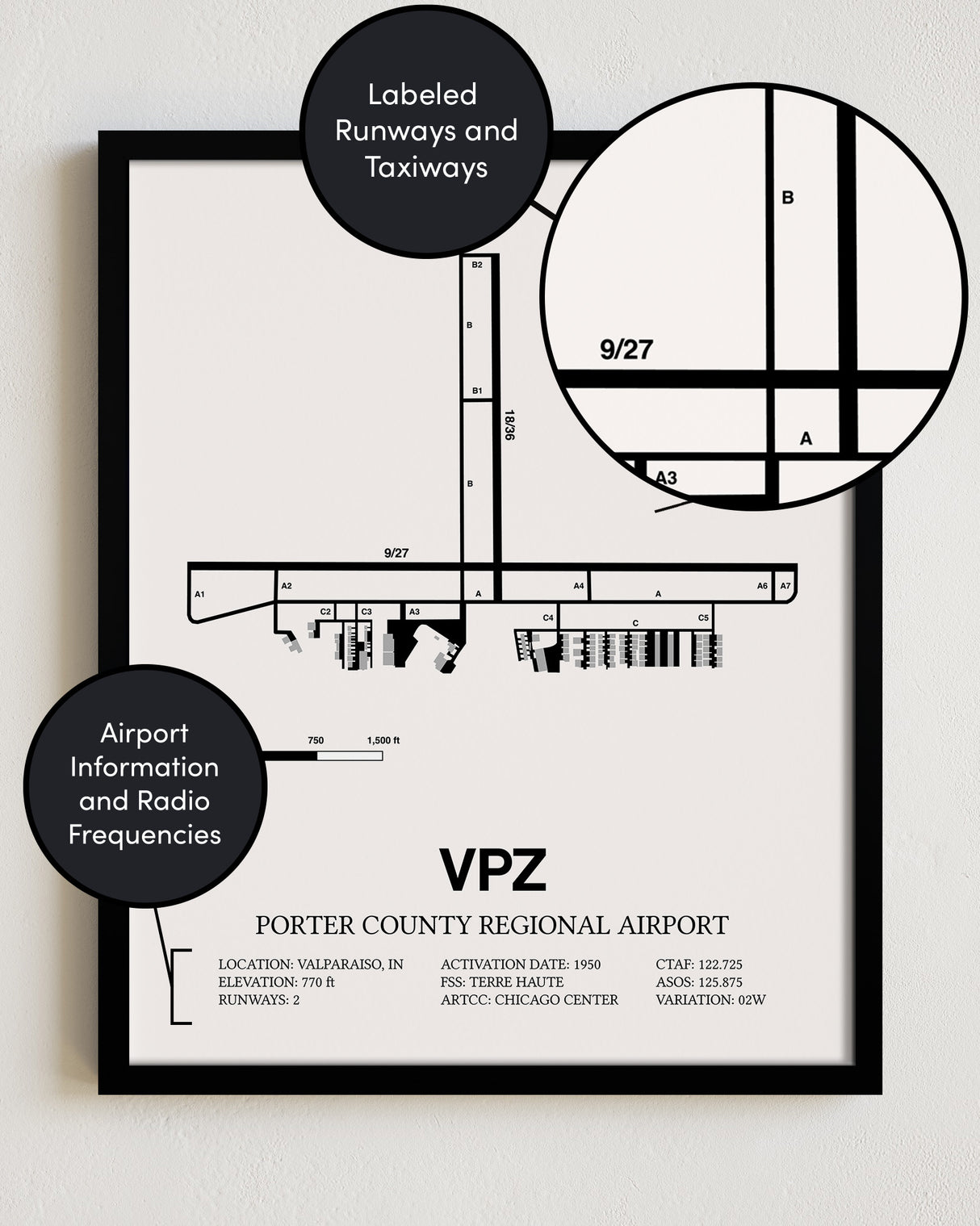 Framed Detailed Airport Map of Porter County Regional Airport (VPZ) in White with a Black Frame