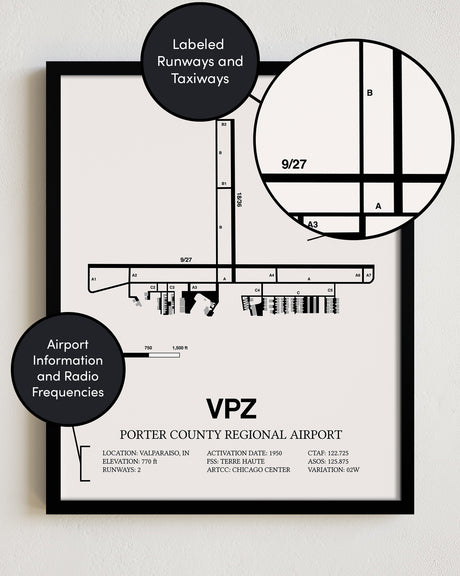 Framed Detailed Airport Map of Porter County Regional Airport (VPZ) in White with a Black Frame