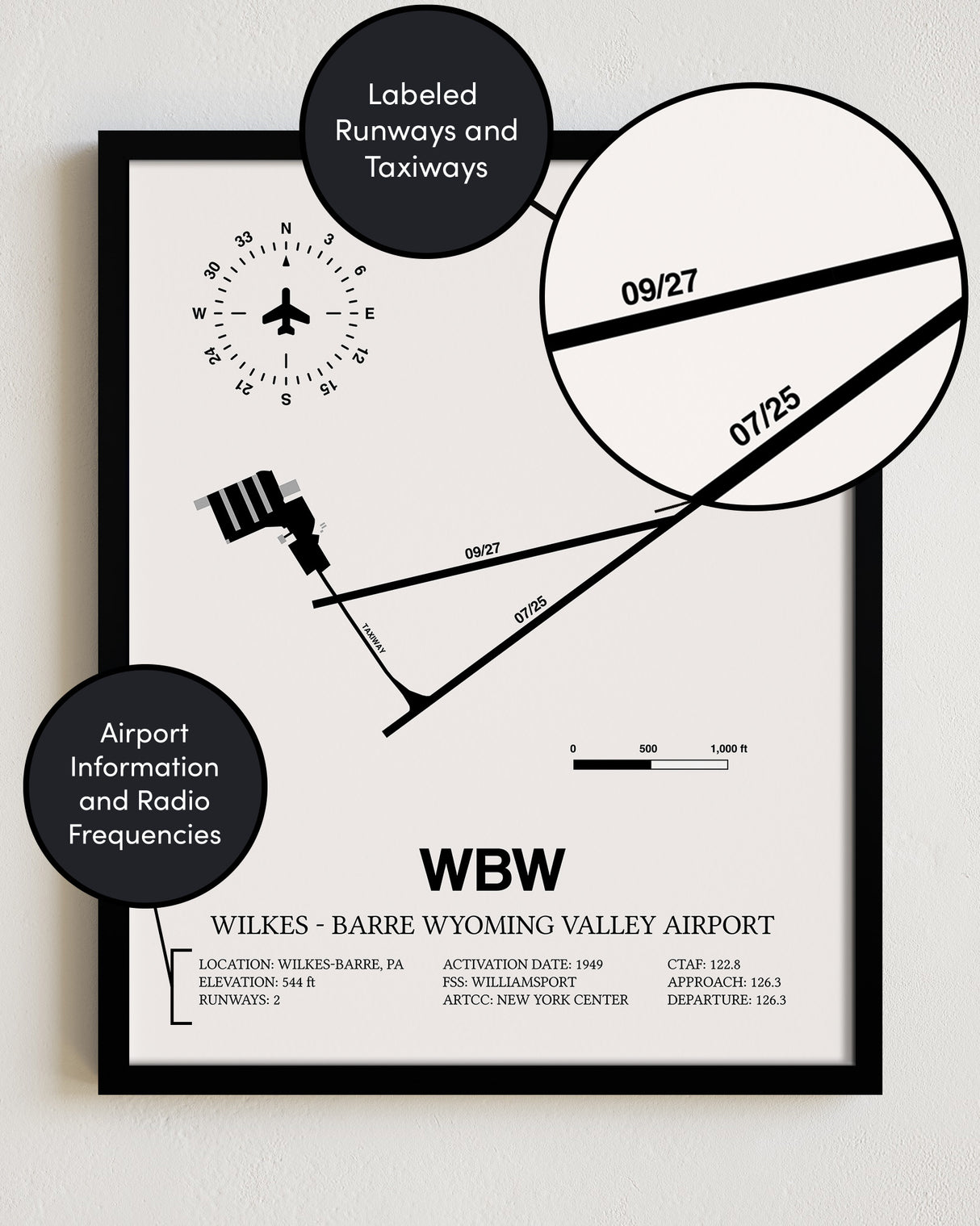 Framed Detailed Airport Map of Wilkes - Barre Wyoming Valley Airport (WBW) in White with a Black Frame