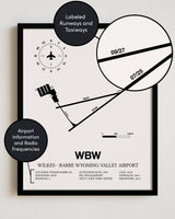 Framed Detailed Airport Map of Wilkes - Barre Wyoming Valley Airport (WBW) in White with a Black Frame