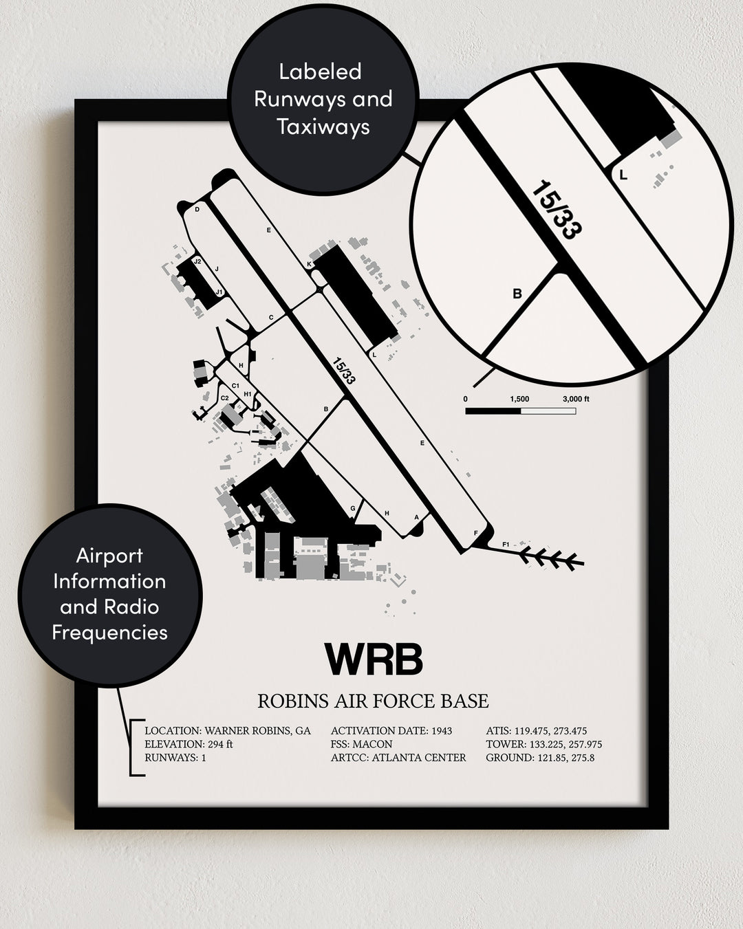 WRB Airport Map, Robins Air Force Base Print