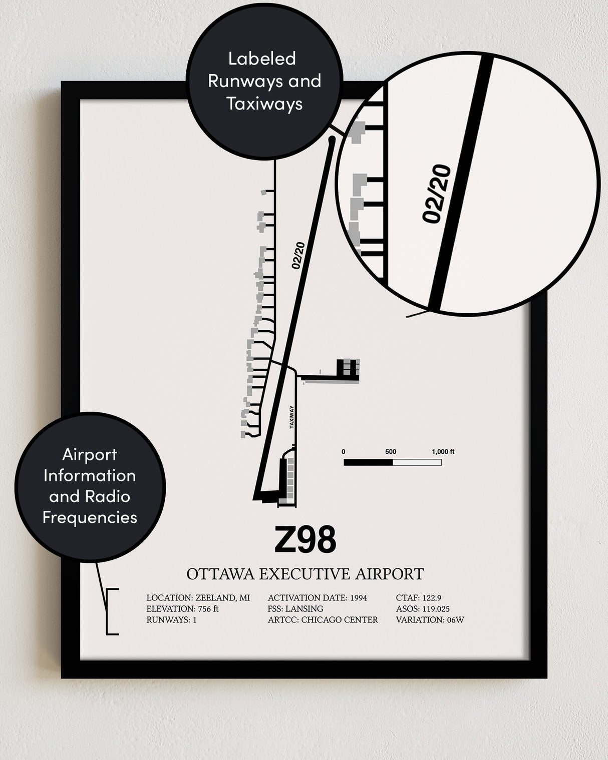 Framed Detailed Airport Map of Ottawa Executive Airport (Z98) in White with a Black Frame