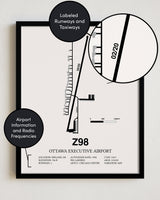 Framed Detailed Airport Map of Ottawa Executive Airport (Z98) in White with a Black Frame