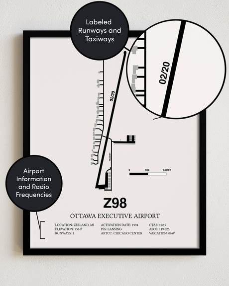 Framed Detailed Airport Map of Ottawa Executive Airport (Z98) in White with a Black Frame