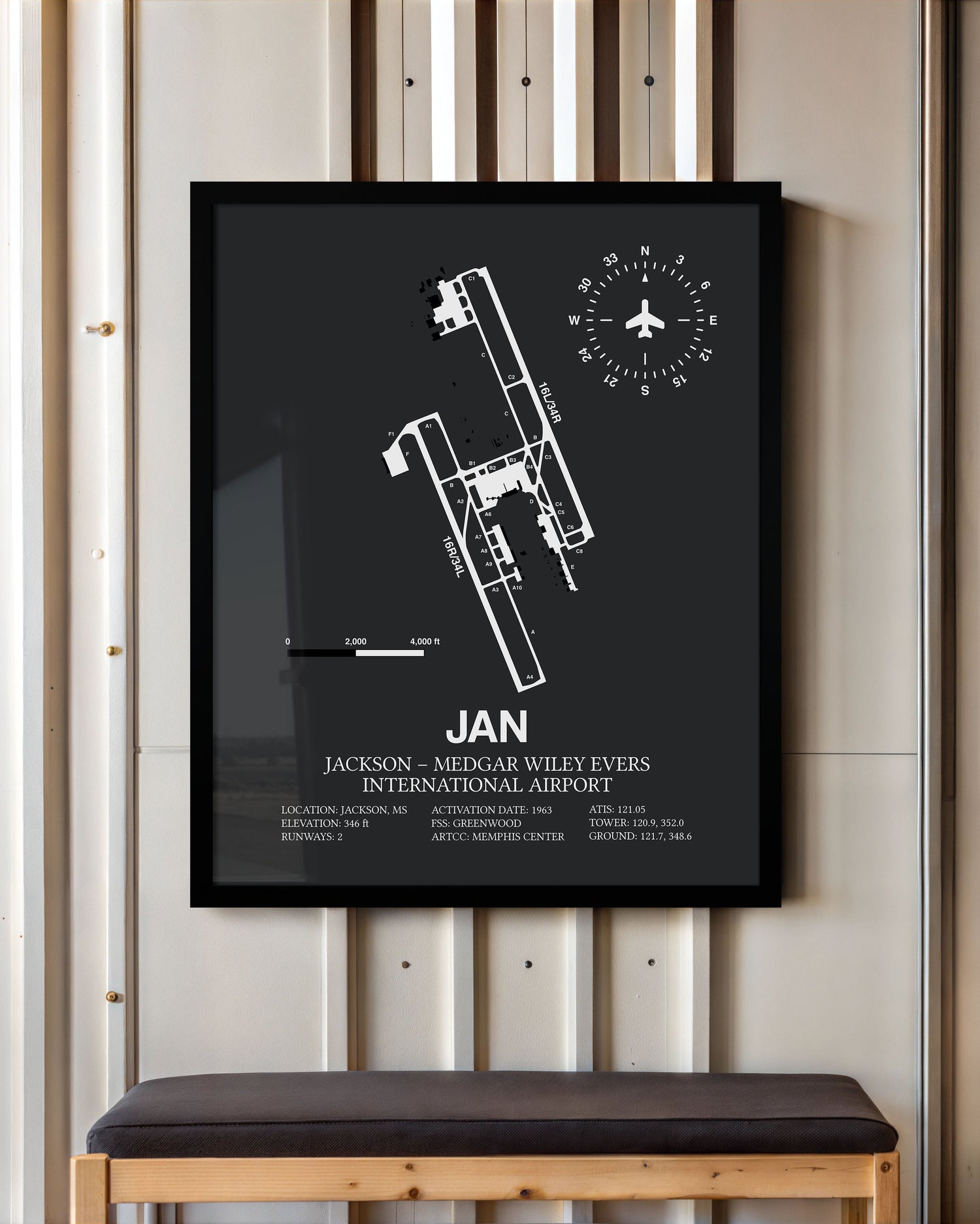 Framed Detailed Airport Map of Jackson-Medgar Wiley Evers International Airport (JAN) in Gray with a Black Frame