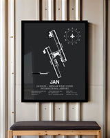 Framed Detailed Airport Map of Jackson-Medgar Wiley Evers International Airport (JAN) in Gray with a Black Frame