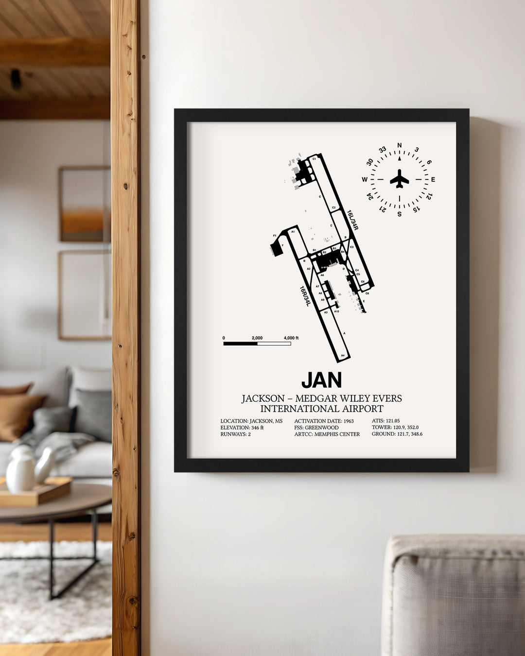 Framed Detailed Airport Map of Jackson-Medgar Wiley Evers International Airport (JAN) in White with a Black Frame