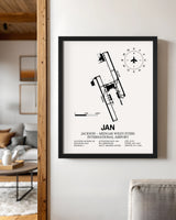 Framed Detailed Airport Map of Jackson-Medgar Wiley Evers International Airport (JAN) in White with a Black Frame