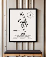 Framed Detailed Airport Map of Jackson-Medgar Wiley Evers International Airport (JAN) in White with a Black Frame