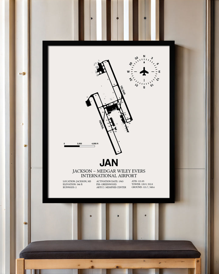 Framed Detailed Airport Map of Jackson-Medgar Wiley Evers International Airport (JAN) in White with a Black Frame